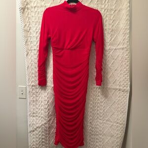 OYS Elegant High Neck Long Sleeve Red Dress. Zipper back.